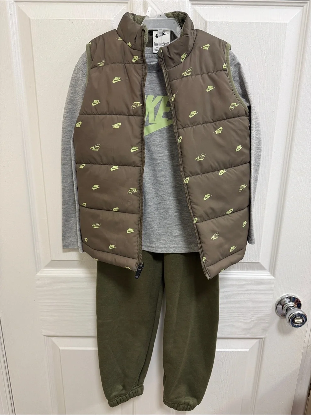 Nike Olive Puffer Vest, Shirt and Jogger Set, Size 5
